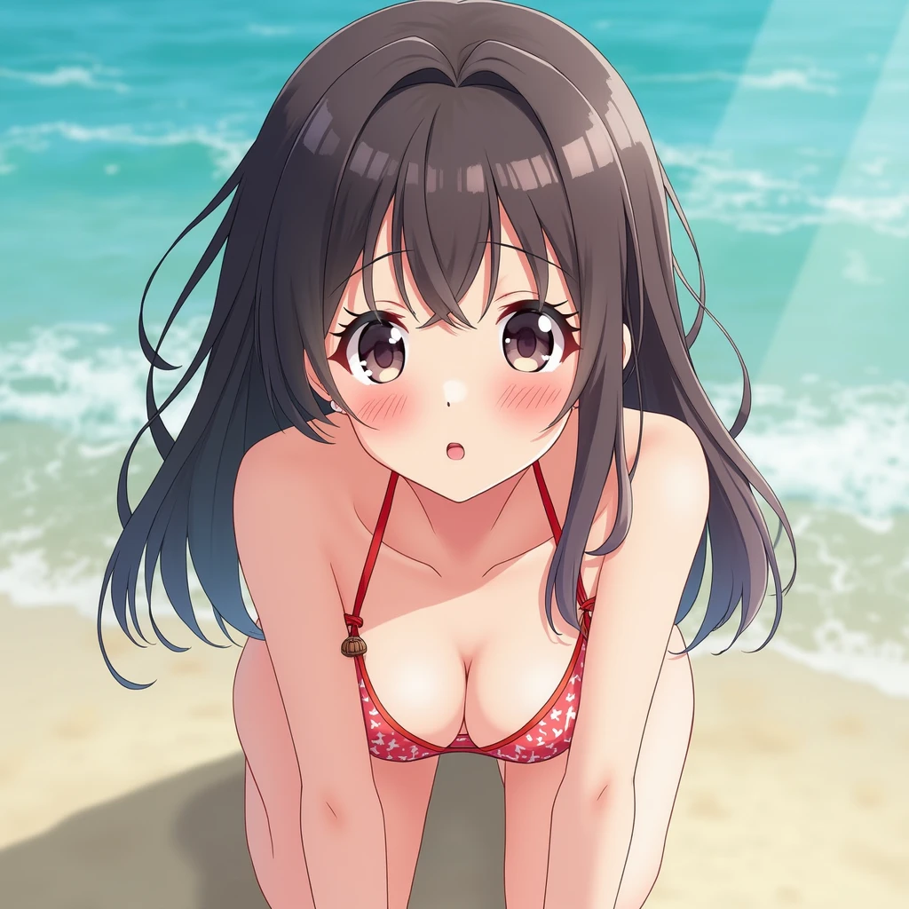 Realistic photos、Pay attention to the cute high school girl's face、bikini、Looking up、Embarrassed by your red face、