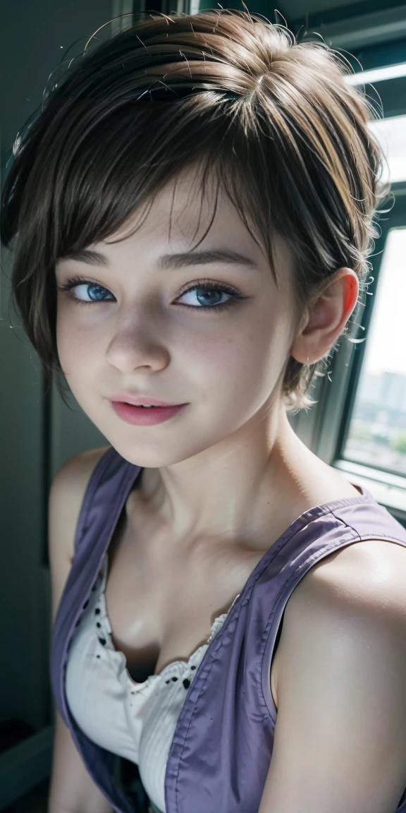 Photo oF a -yeld Euean girl, .RAW, beautiful woman,freckles on cheeks ,beautiful blue eyes(Light brown hair pixie haircut),pixie hair cut ((portrait)), ((detailed face:1.2)), ((detailed facial features)), (finely detailed skin), Pale skin,park, london ferris wheel、Purple sleeveless t-shirt with skull image ,big breasts , lilac skirt with checkered images, Loose white belt, Long boots with heels ,cute makeup, Purple eyeshadows on eyelids ,a sexy one(cool color), humid, humid, Reflectors, (Tabletop) (perfect proportions)(Realistic photos)(The best quality) (detailed) photographed with a Canon EOS R5, 50mm lens, f/2.8, NffSW, (8k) (wallpaper) (cinematic lighting) (Dramatic lighting) (Sharp focus) (Convoluted) Nice smile , happy , playing electric guitar , medium breasts , purple eye shadow