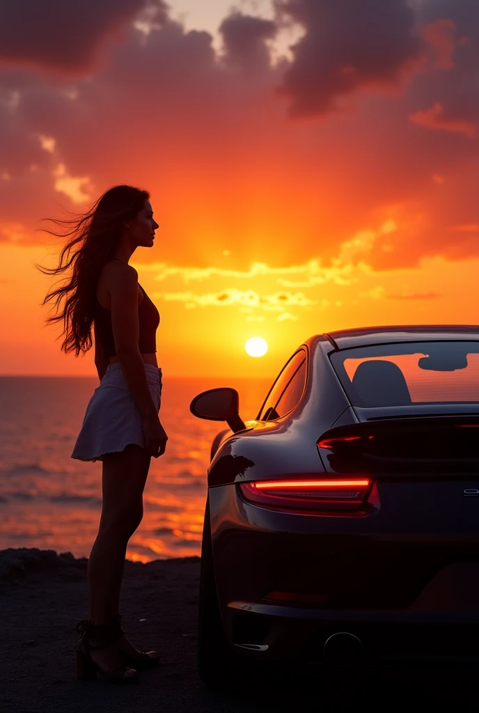 (masterpiece, best quality:1.2), silhouette, Silhouette of a woman and a car against the backdrop of a coastal sunset, She is standing right next to the car, looking at the big sunset, her long hair blowing in the wind, the car is Porsche 911, The silhouette of the car stands out, hyper Realistic, Professional photography, Cinema Lighting, Car Photography