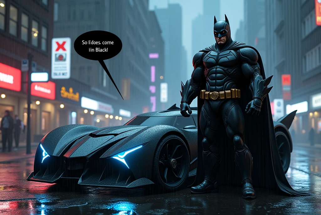 Create an image of Batman with speach bubble sayings "So it does come in Black ", the tall, muscular superhero, in a dark, armored suit with a flowing cape, standing confidently next to the sleek, black Batmobile with sharp angles and glowing blue lights. Batman’s suit should feature intricate details, including a prominent chest emblem and utility belt. The scene is set at night in a gritty, rain-soaked urban environment, with towering, shadowy skyscrapers in the background. The wet street reflects the neon city lights, adding a dramatic effect. Rain is falling, creating a moody and tense atmosphere, with Batman appearing vigilant and ready for action.