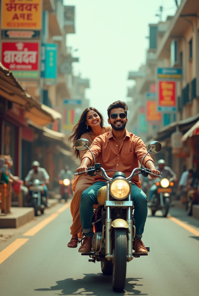 A couple in a Hyderabad street riding in bike