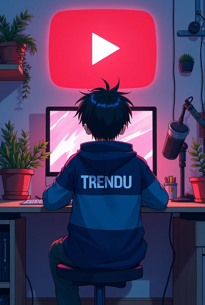 "Create an image of 'A 18 years anime boy, sitting in front of a computer desk with a microphone and laptop, wearing blue and black hoodie with the Channel Name on it "TRENDU". The background includes a large YouTube logo on the wall, potted plants on either side, and various recording equipment." Image ratio 16:9