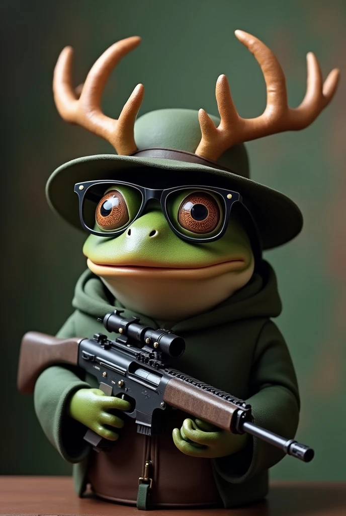 Memes, Photo of a reindeer frog:1.3, Glasses, Hat and machine gun, Mafia style, situation, *Sometimes I think about leaving the WhatsApp group... Then I remember the admin is my boss，I forgot.*