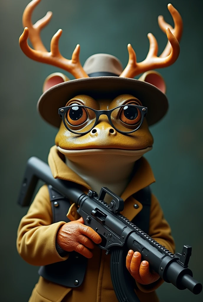 Memes, Photo of a reindeer frog:1.3, Glasses, Hat and machine gun, Mafia style, situation, *Sometimes I think about leaving the WhatsApp group... Then I remember the admin is my boss，I forgot.*