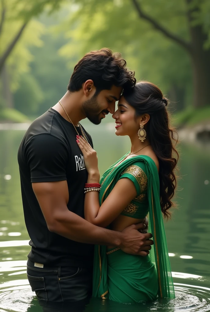 realistic indian 19 Year old cute boy lifting body and 15 year beutifull girl smile in chest to chest in Water with boy wearing black shirt on the river with sunday an water and a on girl wearing green lehenga with swimming pool background , in shirt written name “Raghav" features, loveng mood, realistic