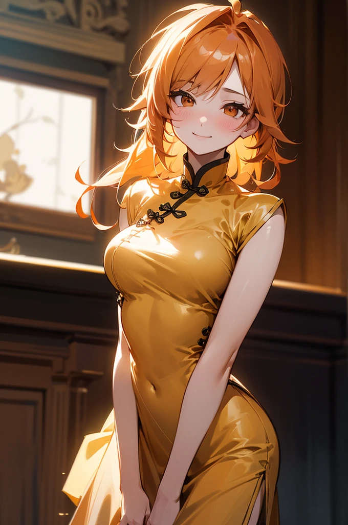 Best Quality,High resolution,8k,finelity detailed background,Masterpiece:1.2),beautiful girl,Shiny orange hair,messy hair,Orange Eyes,Gentle look,A refreshing look,smile,Best quality,Best Quality,Aesthetic and aesthetic:1.2,Best details((Super detailed))(High-definition CG illustrations),China dress,Slender body,Party Venue,smile,blush,cute,Scrounge,Looking up,Being spoiled,super model