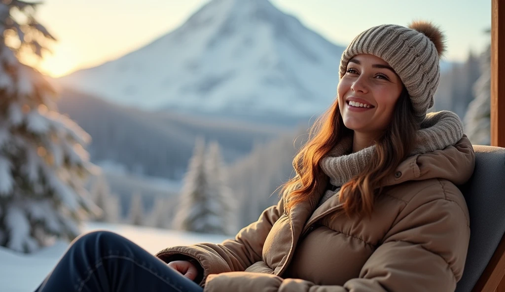 A 26-year-old Russian woman is comfortably seated in a cozy chair near a window, She radiates a relaxed and content vibe. In the background、A stunningly realistic snow-capped mountain is visible under the midday sun, enhancing peaceful vibes. She's bundled up in stylish winter wear, She exudes natural charm, unpretentious charm. Soft lighting and quiet surroundings highlight her heartwarming smile and calm demeanor, Creates a perfect balance of elegance and simplicity. She's wearing a sexy patterned bikini. She has big breasts (Worst quality, low quality, Normal quality, Low resolution, lack of detail, Saturation, not saturated, Overexposure, Exposure of deficiencies, grayscale, Black and White, Bad photos, Bad photosgraphy, bathroom art:1.4), (watermark, sign, text font, username, error, logo, words, letter, digits, sign, trademark, name:1.2), (Blurry, Blurryry, granular), Pathological, ugly, asymmetrical, Mutated, Fraudulent, disconnected, The lighting is dim, bad shadow, draft, Cut out, out of frame, Cut off, Censored, jpeg artifacts, Out of focus, Glitch, repeat, (airbrush, comics, anime, Semi-realistic, CG, give, Blender, Digital Art, manga, amateur:1.3), (3d, 3dゲーム, 3dゲーム Scene, 3dキャラクター:1.1), (Bad move, Anatomically bad, Bad body, Bad face, bad teeth, Bad arm, Bad legs, Malformation:1.3, small , small breasts, Rough skin)