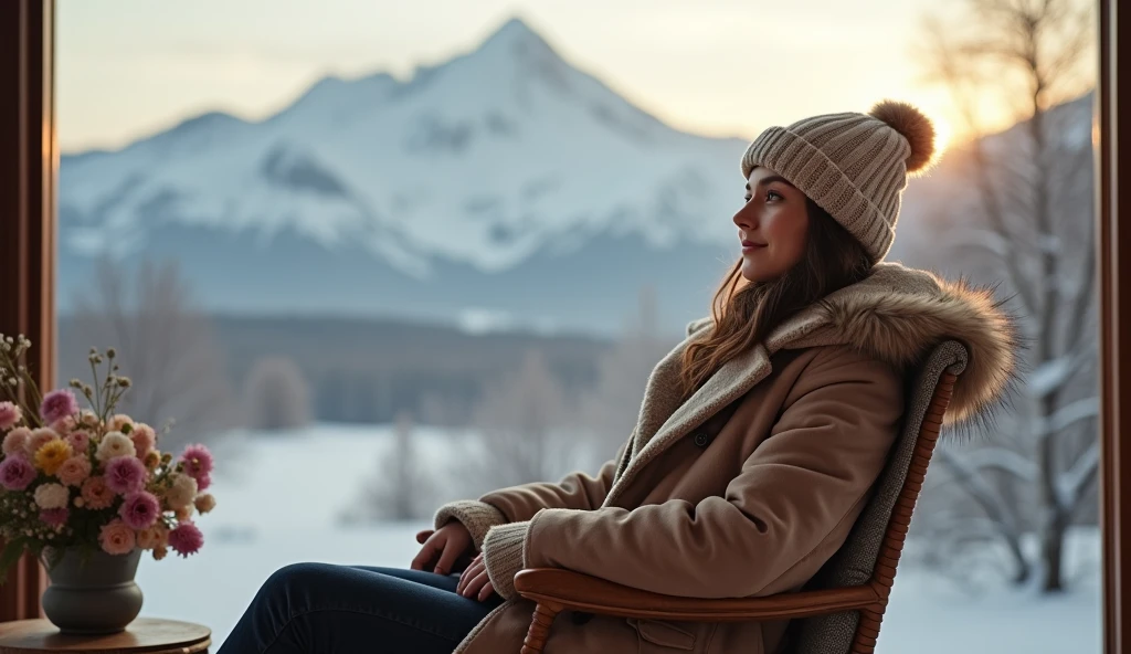A 26-year-old Russian woman is comfortably seated in a cozy chair near a window, She radiates a relaxed and content vibe. In the background、A stunningly realistic snow-capped mountain is visible under the midday sun, enhancing peaceful vibes. She's bundled up in stylish winter wear, She exudes natural charm, unpretentious charm. Soft lighting and quiet surroundings highlight her heartwarming smile and calm demeanor, Creates a perfect balance of elegance and simplicity. She's wearing a sexy patterned bikini. She has big breasts (Worst quality, low quality, Normal quality, Low resolution, lack of detail, Saturation, not saturated, Overexposure, Exposure of deficiencies, grayscale, Black and White, Bad photos, Bad photosgraphy, bathroom art:1.4), (watermark, sign, text font, username, error, logo, words, letter, digits, sign, trademark, name:1.2), (Blurry, Blurryry, granular), Pathological, ugly, asymmetrical, Mutated, Fraudulent, disconnected, The lighting is dim, bad shadow, draft, Cut out, out of frame, Cut off, Censored, jpeg artifacts, Out of focus, Glitch, repeat, (airbrush, comics, anime, Semi-realistic, CG, give, Blender, Digital Art, manga, amateur:1.3), (3d, 3dゲーム, 3dゲーム Scene, 3dキャラクター:1.1), (Bad move, Anatomically bad, Bad body, Bad face, bad teeth, Bad arm, Bad legs, Malformation:1.3, small , small breasts, Rough skin)
