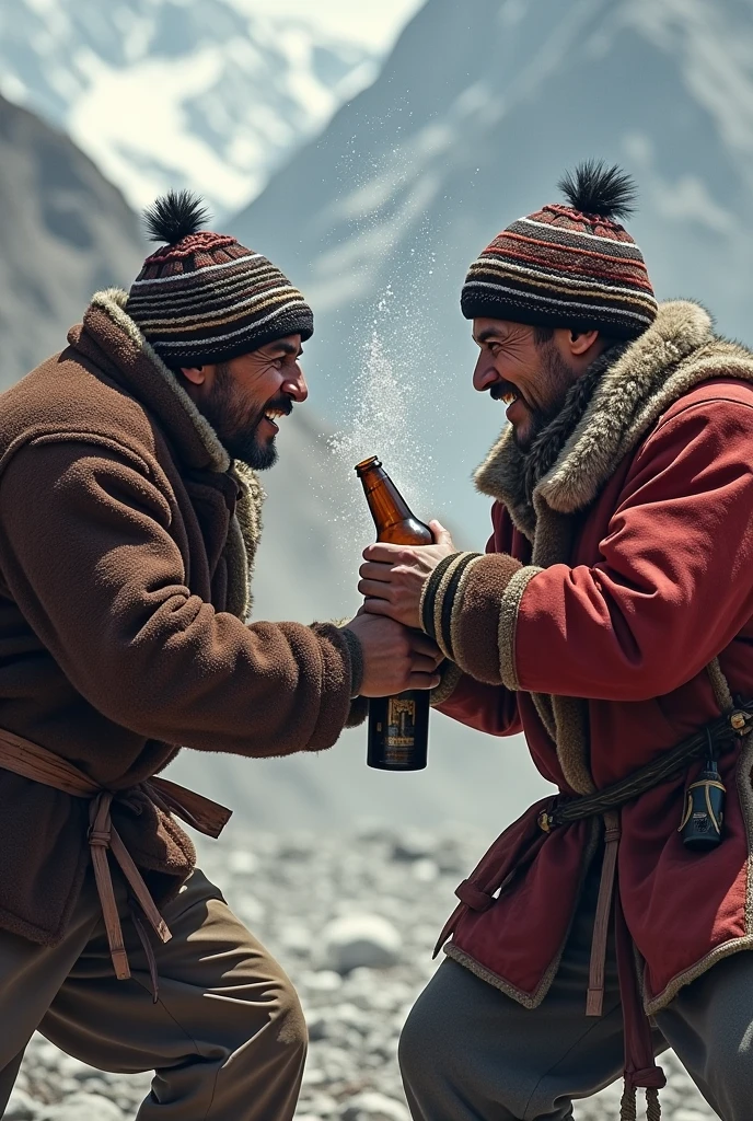 Men with Sherpa traditional dress, fighting with beer