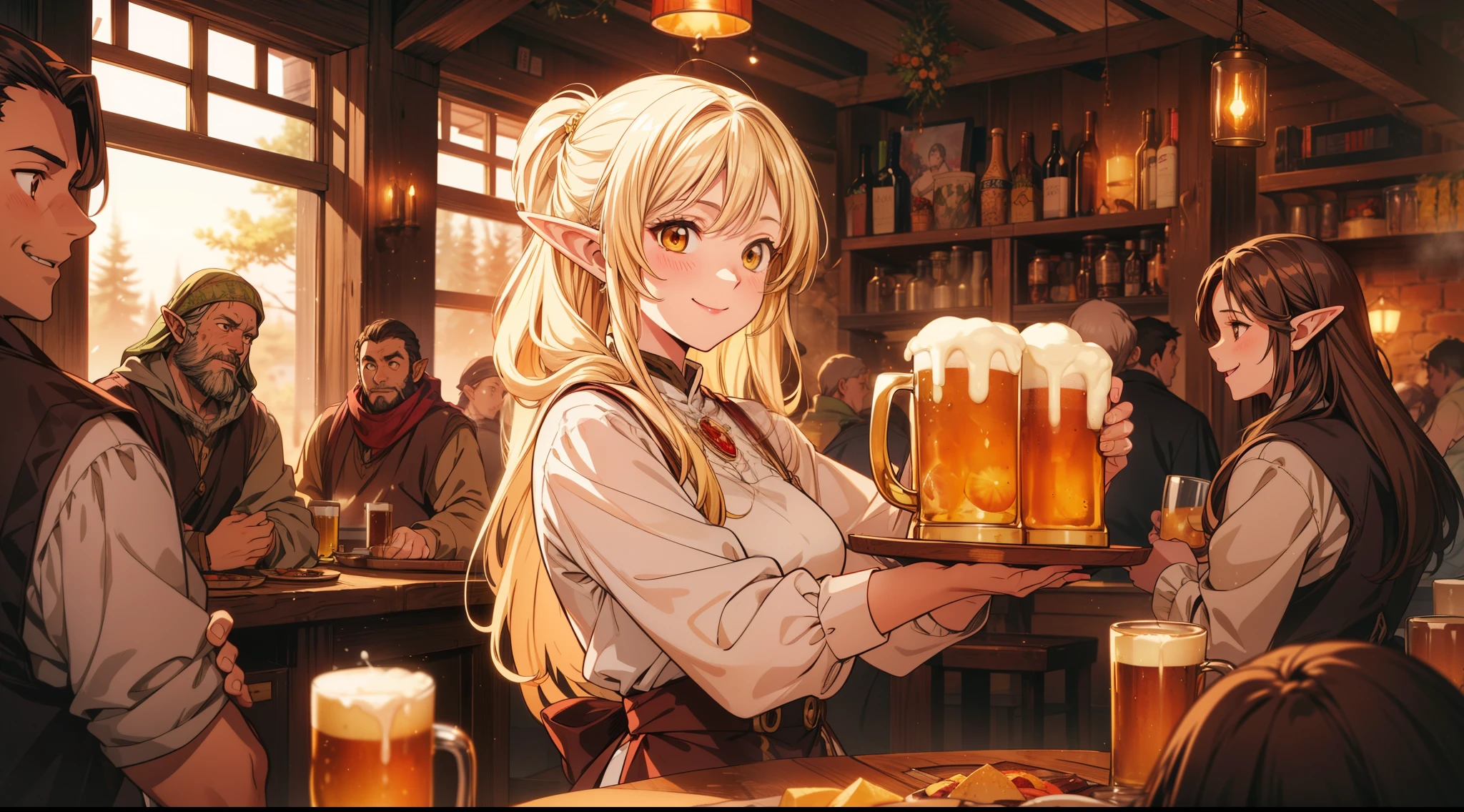 An illustrated scene set in a lively fantasy tavern at twilight. The focus is on a cheerful elf waitress, a young woman with long flowing hair and pointed ears, wearing a traditional tavern outfit. She is smiling warmly as she carries a large tray of mugs filled with beer, distributing them to a diverse group of patrons gathered around a round wooden table. The background shows a bustling tavern filled with various races, including humans, dwarves, and elves, all engaged in lively conversation. The setting is cozy, with a warm glow from lanterns and a large hearth, casting a soft, inviting light. The overall mood is vibrant yet warm, with a mix of soft browns, golds, and oranges to reflect the twilight hour.