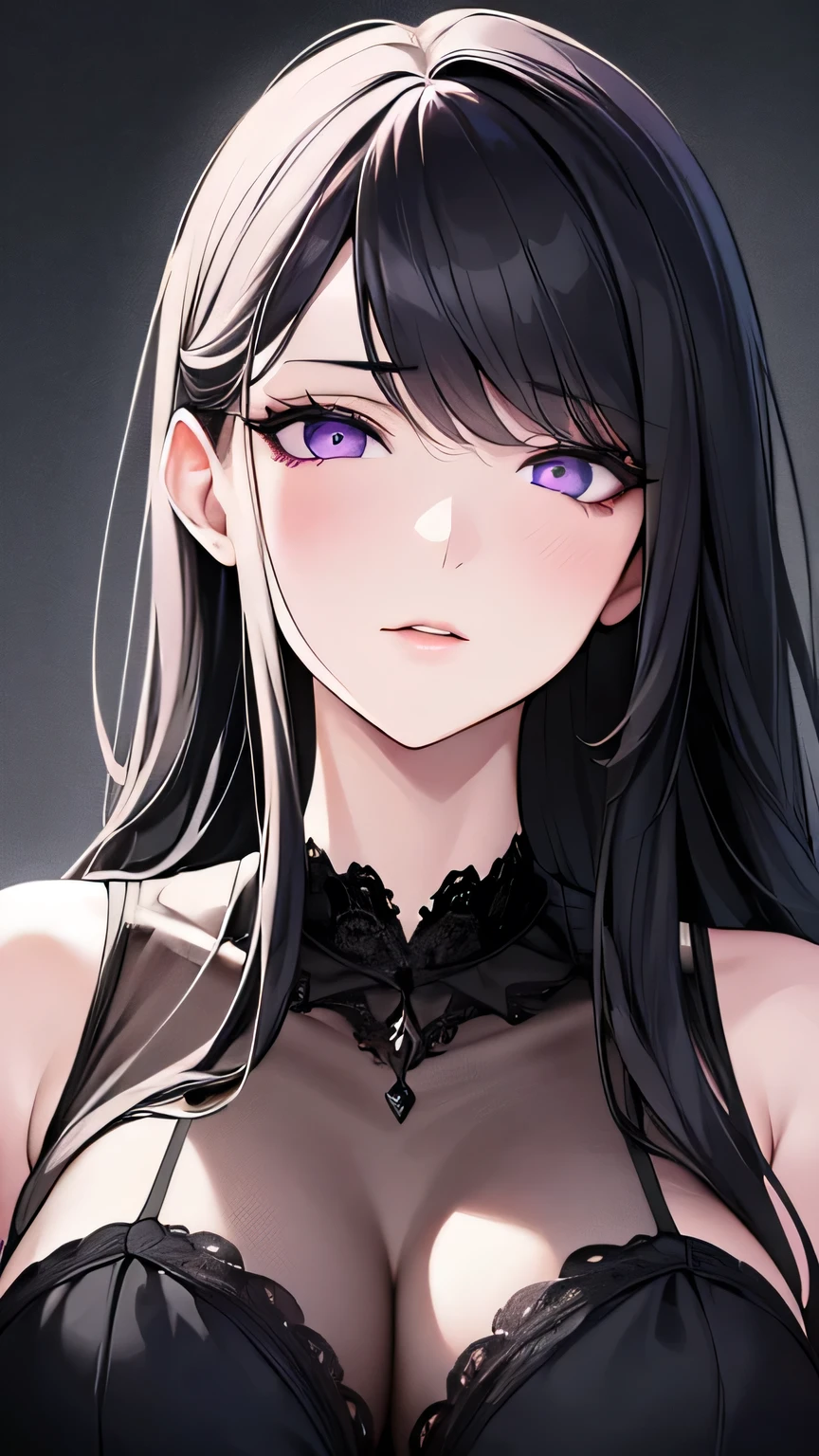 ((Highest quality)), Ultra-high resolution,Adult women, alone, sexy, (Tired face), (Light purple eyes), Beautiful face in every detail,(High resolution detail of human skin texture), (Black irregular long hair), Black Gothic Dress,Black long skirt,Realistic:1.4,Realistic:1.4,Dark room,((masterpiece)),Perfect Eyes,Perfect Eyes,（Sleep-deprived face）,Curvy Body,Black eyeliner under the eyes,Peering into the audience,Pale, unhealthy skin