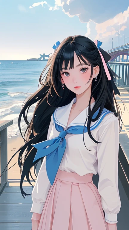 masterpiece,((Clear lines)),  Limited edition palette,Highest quality, Flat Color, Low contrast, ((One girl)),(((Very delicate and beautiful))),(Beautifully detailed face),(Beautiful attention to detail),{Long Hair},hair ornaments,((Middle chest)),Long black hair,Hair Ribbon,school uniform , Are standing,((View your viewers:1.6)), View from below,Beautifully detailed skies,Bright sky,Cloudy,sunlight, (Detailed Light),Lighting,colorful,Ocean,Beach, bridge,The way to school,Skyscraper, autumn, mist