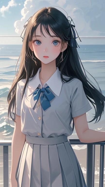 masterpiece,((Clear lines)),  Limited edition palette,Highest quality, Flat Color, Low contrast, ((One girl)),(((Very delicate and beautiful))),(Beautifully detailed face),(Beautiful attention to detail),{Long Hair},hair ornaments,((Middle chest)),Long black hair,Hair Ribbon,school uniform , Are standing,((View your viewers:1.6)), View from below,Beautifully detailed skies,Bright sky,Cloudy,sunlight, (Detailed Light),Lighting,colorful,Ocean,Beach, bridge,The way to school,Skyscraper, autumn, mist