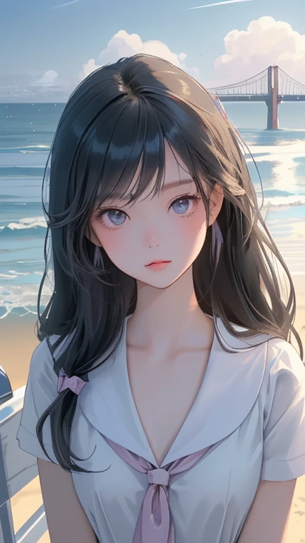 masterpiece,((Clear lines)), Limited edition palette,Highest quality, Flat Color, Low contrast, ((One girl)),(((Very delicate and beautiful))),(Beautifully detailed face),(Beautiful attention to detail),{Long Hair},hair ornaments,((Middle chest)),Long black hair,Hair Ribbon,school uniform , Are standing,((View your viewers:1.6)), View from below,Beautifully detailed skies,Bright sky,Cloudy,sunlight, (Detailed Light),Lighting,colorful,Ocean,Beach, bridge,The way to school,Skyscraper, autumn, mist