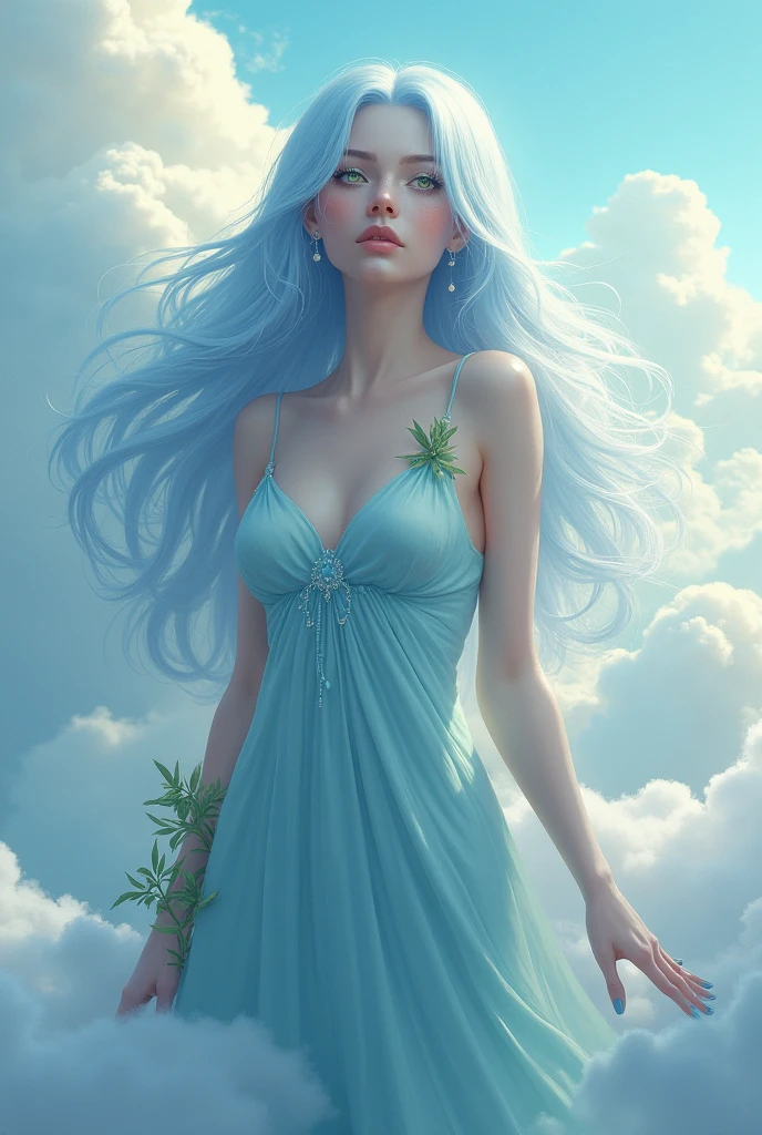 cloud goddess with a green and blue string wrapped around her arm and blue long hair, she is white, has make-up on her face, blue dress and have a green eyes and standing beside a clouds