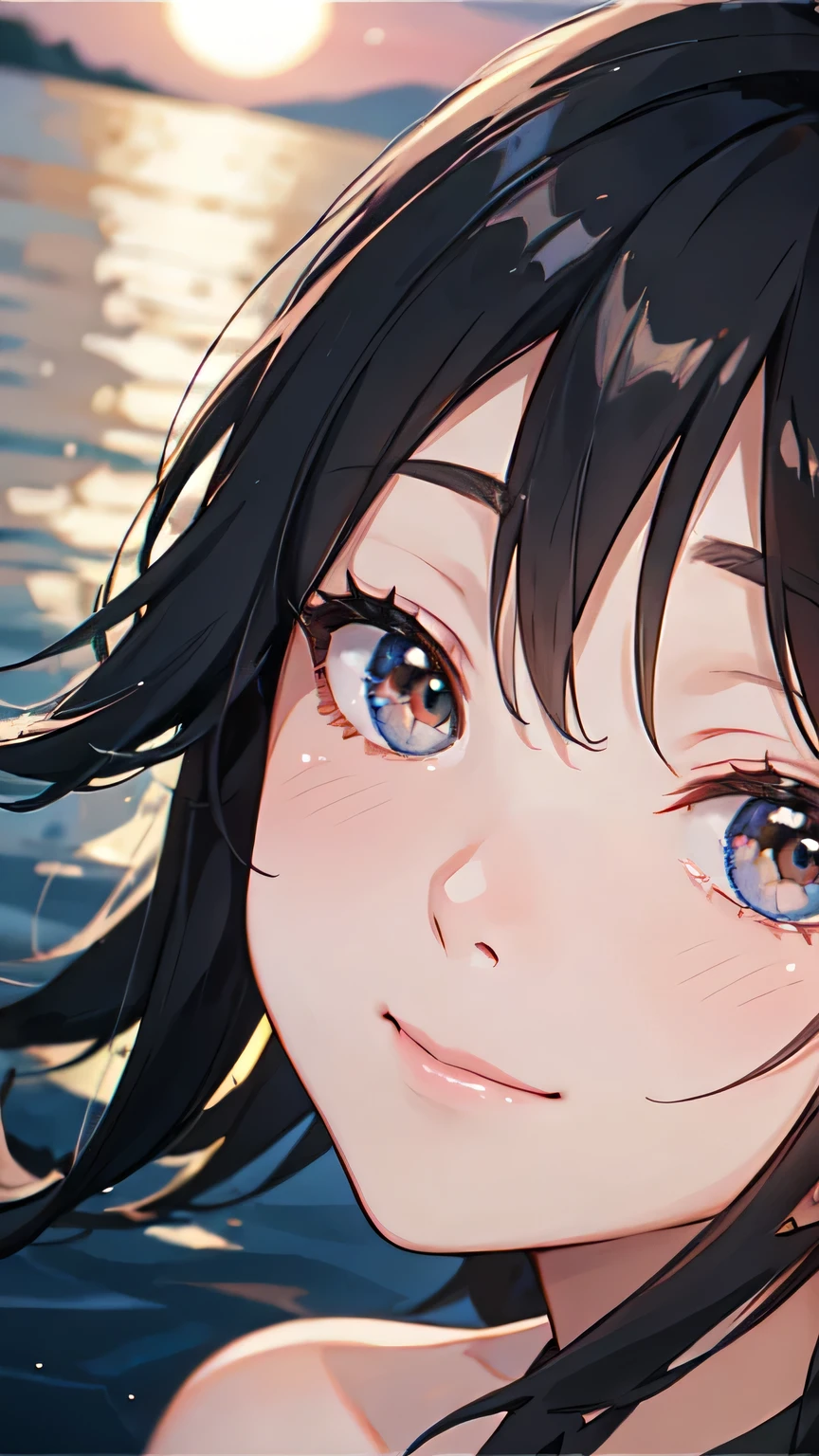 ((Highest quality)), ((masterpiece)), (detailed), One beautiful girl, Almond Eye,The lakeshore bathed in moonlight,Your smile reflected on the water's surface, A world just for us two unfolds,In my dreams, forever,Close up of face