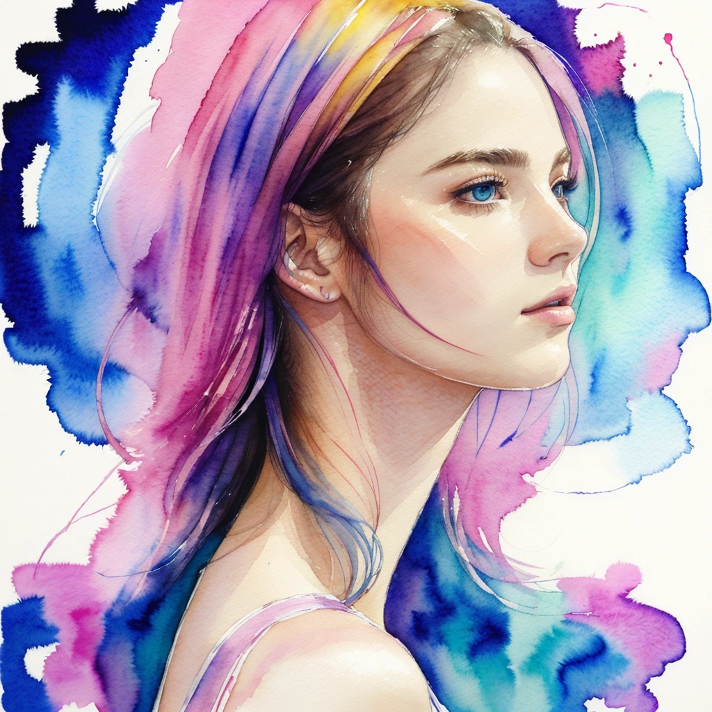 (8k, Best Quality, masterpiece:1.2),(Best Quality:1.0), (ultra high resolution:1.0), watercolor, A pretty woman, shoulder, hair bands, by agnes cecile, Half-length portrait, extremely bright shiny design, pastel colours, (ink:1.3), autumn lights,