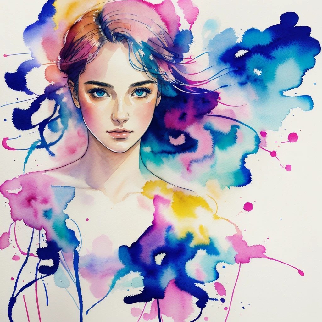 (8k, Best Quality, masterpiece:1.2),(Best Quality:1.0), (ultra high resolution:1.0), watercolor, A pretty woman, shoulder, hair bands, by agnes cecile, Half-length portrait, extremely bright shiny design, pastel colours, (ink:1.3), autumn lights,