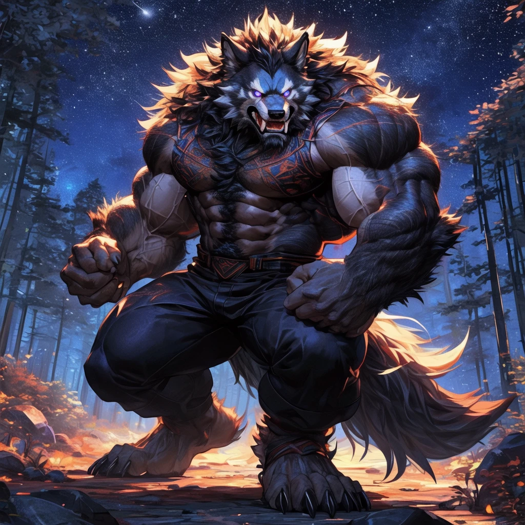 hairyMuscle Werewolf只穿裤子, hairy art, Muscle Werewolf, High Resolution Committee, Full Body Committee, Exquisite eyes, Eye color is blue., hairy color black, hairy anime, Fluffy Arts Council, hairy fleurna, Gorgeous Werewolf Flsona, hairy, One-handed waist, hairy art, The expression is intense, Proud, 1 boy, a long hairy wolf tail with fangs in the mouth, Staring at the screen, Sharp claws, Two Legs, Stand on both feet, Werewolf, Characters in Tekken, Art in Fulson, background, A small path in the forest at night。Starry Sky