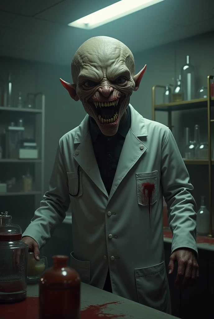 horror humanoid Dr. Simi in his lab coat