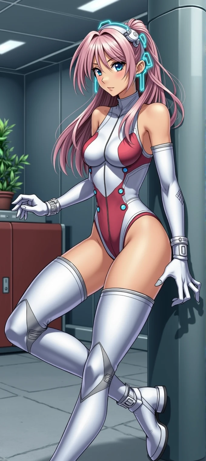 Create an anime-style character with long, flowing pink hair and striking blue eyes. She’s wearing a sleek, sleeveless turtleneck one-piece suit with a tech-like design, paired with thigh-high boots and long white gloves. The scene is set in a high-tech training room, where she stands in a moment of focus and readiness. The environment is dynamic and vivid, emphasizing her curves and the intensity of the training atmosphere. The overall art style should highlight her strength, beauty, and the high-tech elements surrounding her