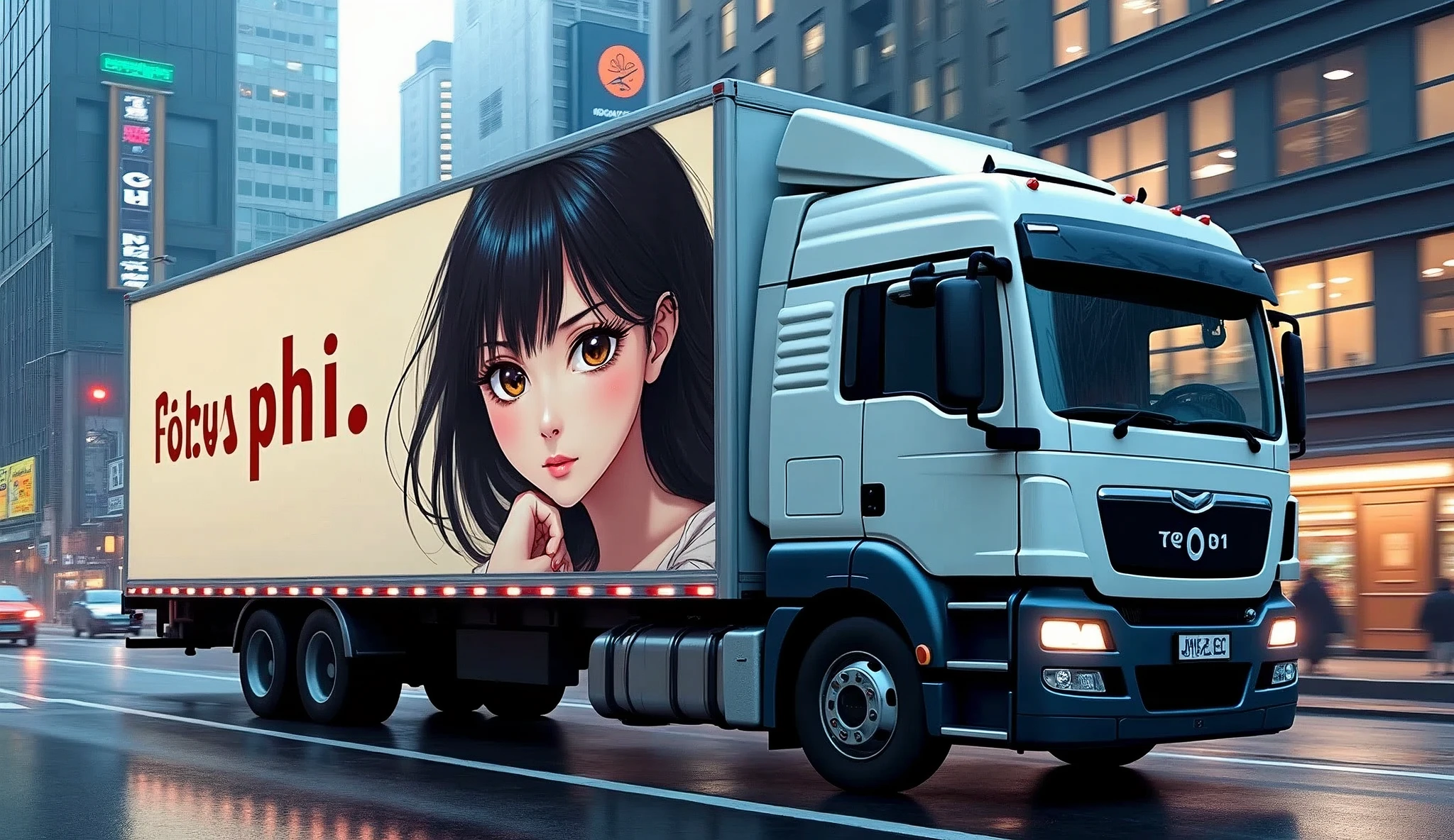 A beautiful girl illustration is drawn on the side of the large truck box。Next to the illustration"high income""phi.1""Ask"It says 'の'。The truck was parked in a busy area、The lighting is beautifully done。フォトRealistic:1.2, Realistic, masterpiece:1.2.