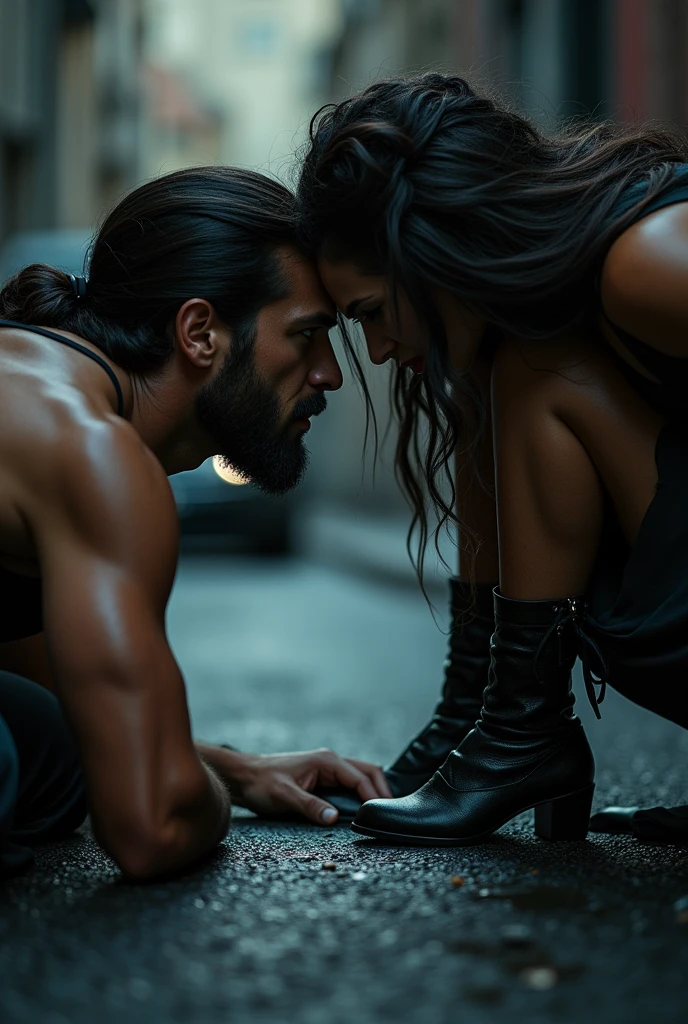 (beautiful detailed eyes, beautiful detailed lips, extremely detailed eyes and face, long eyelashes), 1 male slave, dominant male, cleaning goddess shoes, sitting posture on road, slave tongue touching goddess feet, (best quality, 4k, 8k, highres, masterpiece:1.2), ultra-detailed, (realistic, photorealistic, photo-realistic:1.37), HDR, UHD, studio lighting, ultra-fine painting, sharp focus, physically-based rendering, extreme detail description, professional, vivid colors, bokeh, dark fantasy, dark art, gothic, chiaroscuro lighting