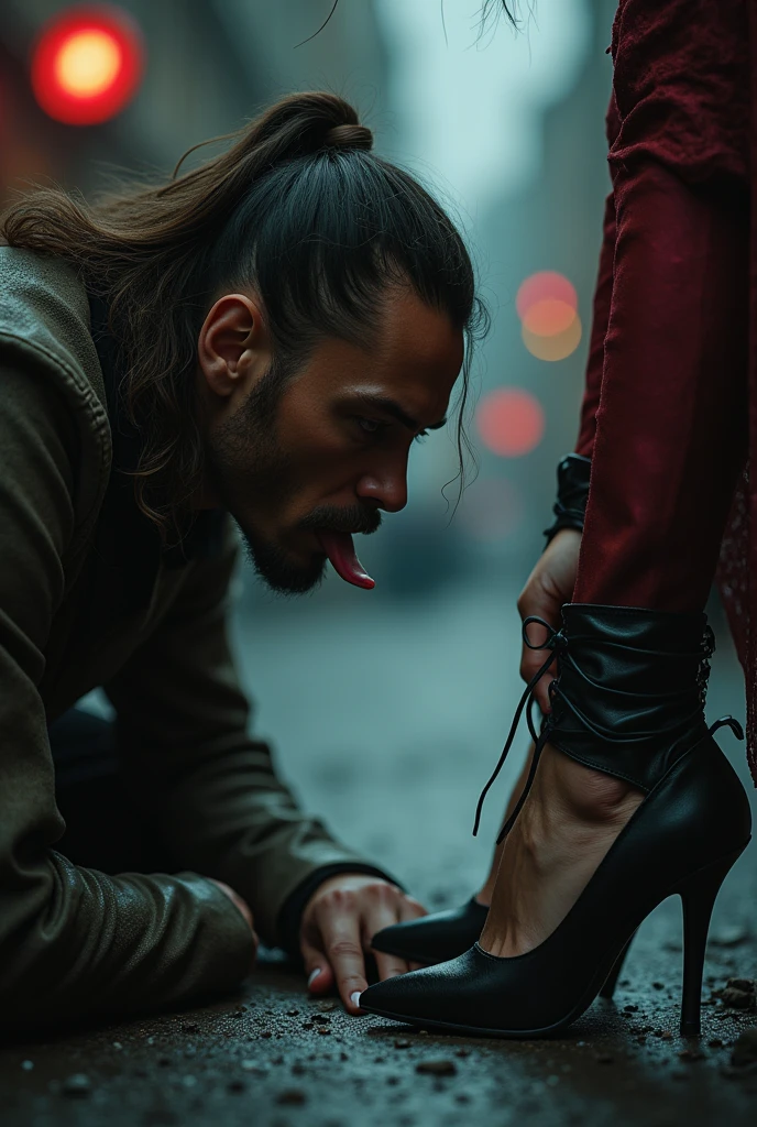 (beautiful detailed eyes, beautiful detailed lips, extremely detailed eyes and face, long eyelashes), 1 male slave, dominant male, cleaning goddess shoes, sitting posture on road, slave tongue touching goddess feet, (best quality, 4k, 8k, highres, masterpiece:1.2), ultra-detailed, (realistic, photorealistic, photo-realistic:1.37), HDR, UHD, studio lighting, ultra-fine painting, sharp focus, physically-based rendering, extreme detail description, professional, vivid colors, bokeh, dark fantasy, dark art, gothic, chiaroscuro lighting