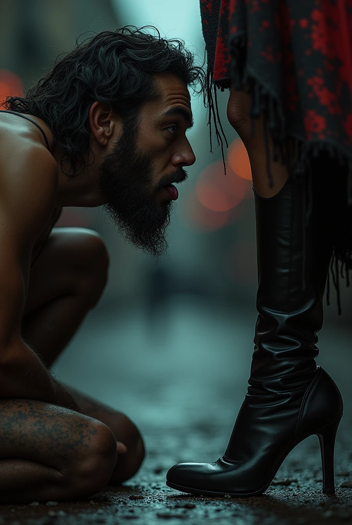 (beautiful detailed eyes, beautiful detailed lips, extremely detailed eyes and face, long eyelashes), 1 male slave, dominant male, cleaning goddess shoes, sitting posture on road, slave tongue touching goddess feet, (best quality, 4k, 8k, highres, masterpiece:1.2), ultra-detailed, (realistic, photorealistic, photo-realistic:1.37), HDR, UHD, studio lighting, ultra-fine painting, sharp focus, physically-based rendering, extreme detail description, professional, vivid colors, bokeh, dark fantasy, dark art, gothic, chiaroscuro lighting