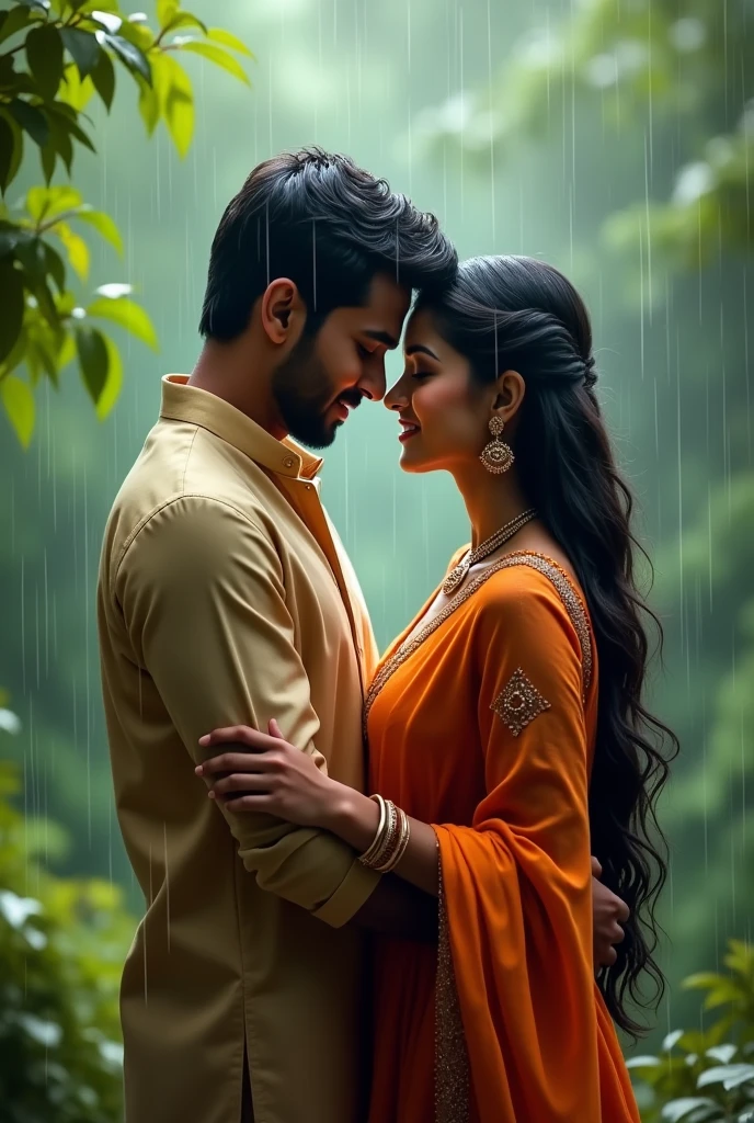 A beautiful Indian couple romancing in rain