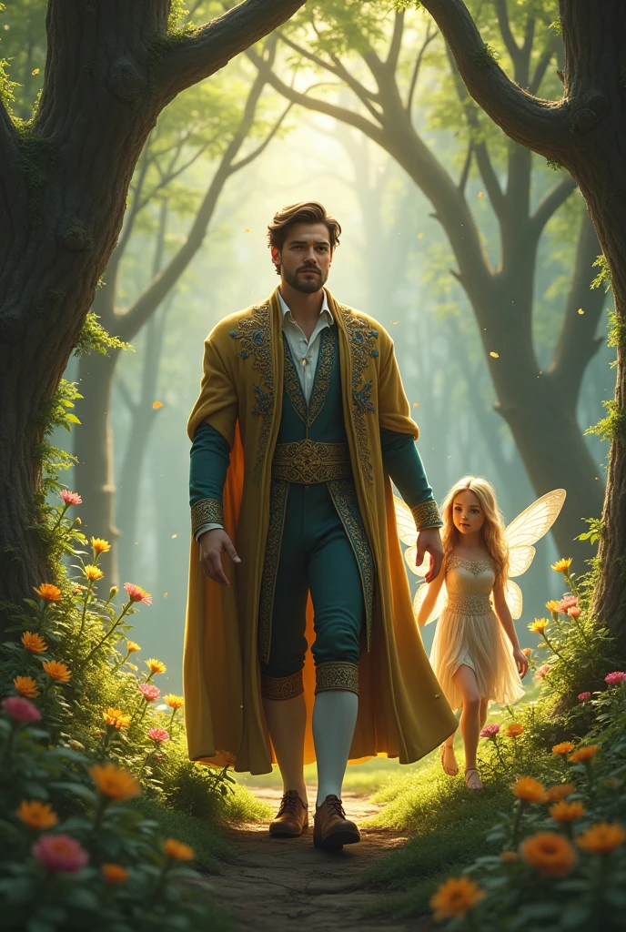 The prince walk with fairy in the forest