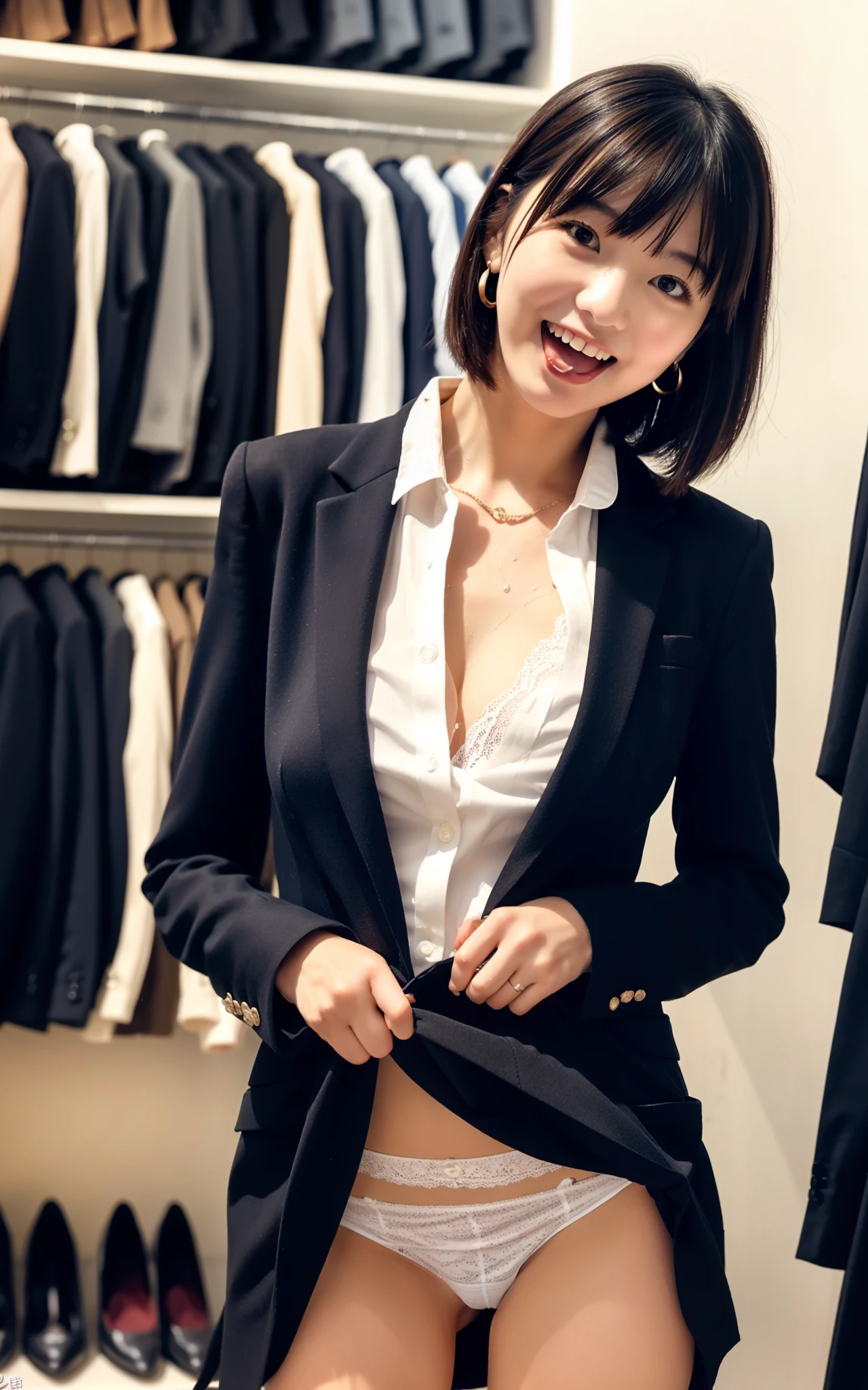 Stick your tongue out,leaning forward:1,bent over,Inside a suit shop,(The skin is wet from sweat),Wearing a shirt:1.2,Suits lined up,(Put your hands forward),looking at the camera,,smile,Skirt Lift、Lift your skirt with your hands,woman, 20-year-old, Short Hair、bangs、(Plain suit skirt),(White lace panties)arrings,Natural lighting