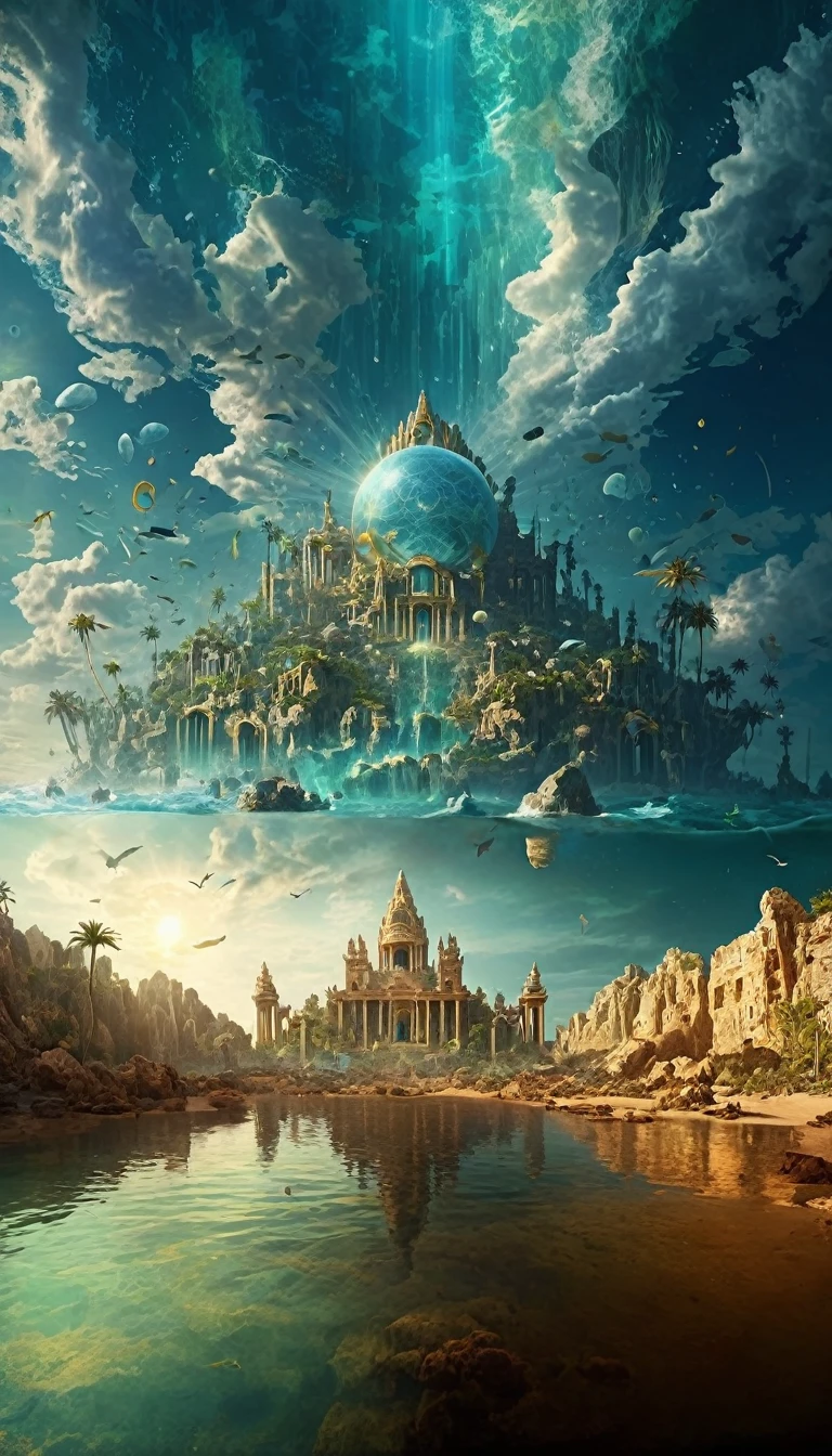 (best quality:1.5), (intricate emotional details:1.5), (ultra detailed),  (sharp details), a detailed digital illustration of a  [Atlantis: A lost city of great wisdom and power, now drowned beneath the sea:The Shrine of the Lost:0.5] landscape, Hard Lighting, (Photoreal:1.3), asymmetric PEEpicLand, 
