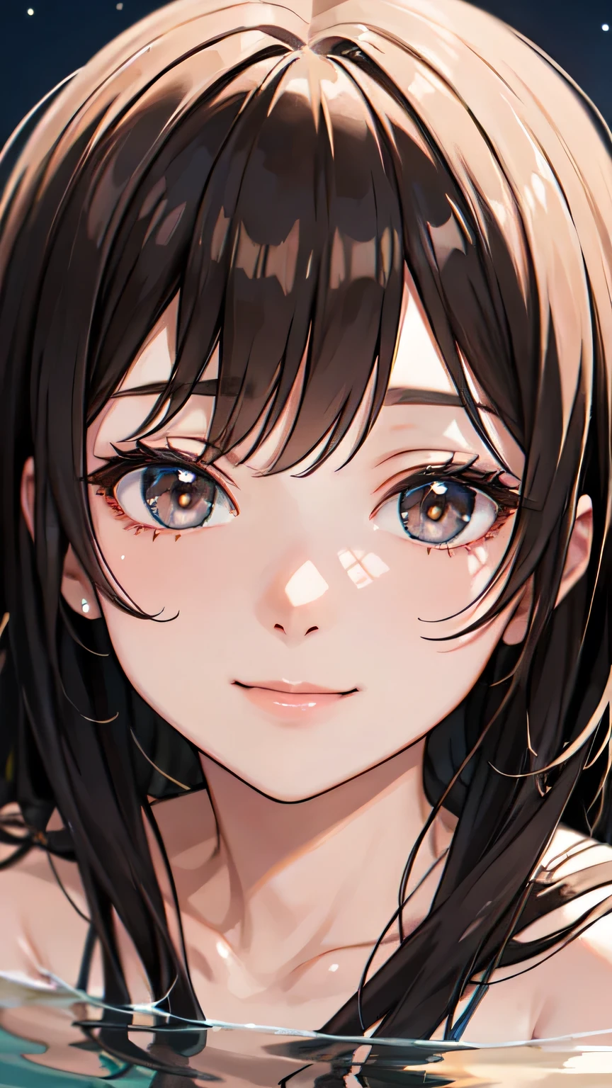 ((Highest quality)), ((masterpiece)), (detailed), One beautiful girl, Almond Eye,The lakeshore bathed in moonlight,Your smile reflected on the water's surface, A world just for us two unfolds,In my dreams, forever,Close up of face