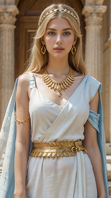 Close-up shot , View your viewers, BC 1st century, Herodian King's wife, Mariamne 20 years old, Greek-style clothing of the Jews at that time, Jewish girl, 18-year-old, (Light Gold Hair, Mid-length hair ,blue eyes, Beautiful Lips, Small lips), (Gold crescent earrings, Gold Necklace, diamond Tiara), red wide belt (Big Breasts, slender waist, Wide Hips) , (wearing White an linen ancient Roman imperial tunic), (Blue Toga:1.3), Textured skin , HI Detail Skin, (Shorthand, Canon, 8k, Anatomically correct, Super Detail, Attention to detail, Your Highness,