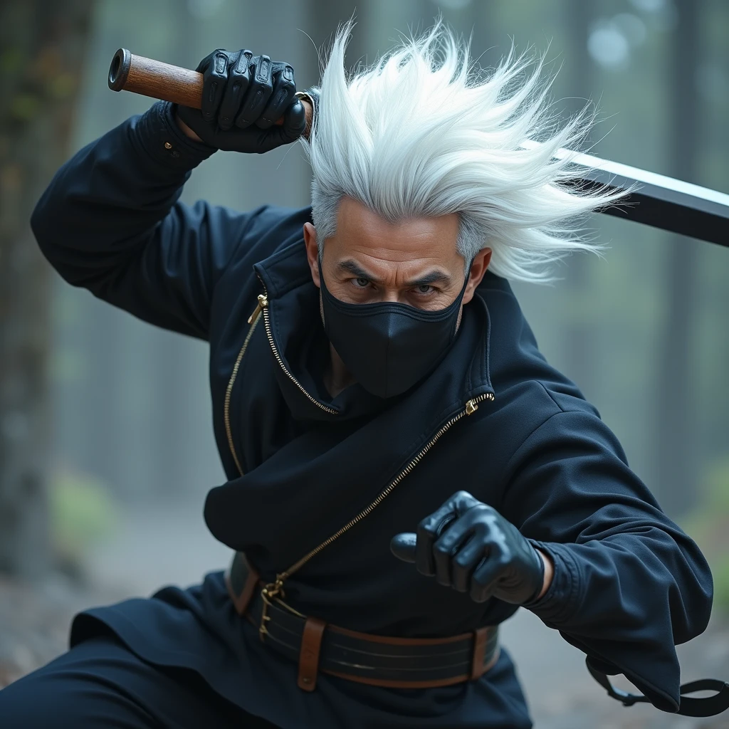 Serious man assassin with white hair, super fast