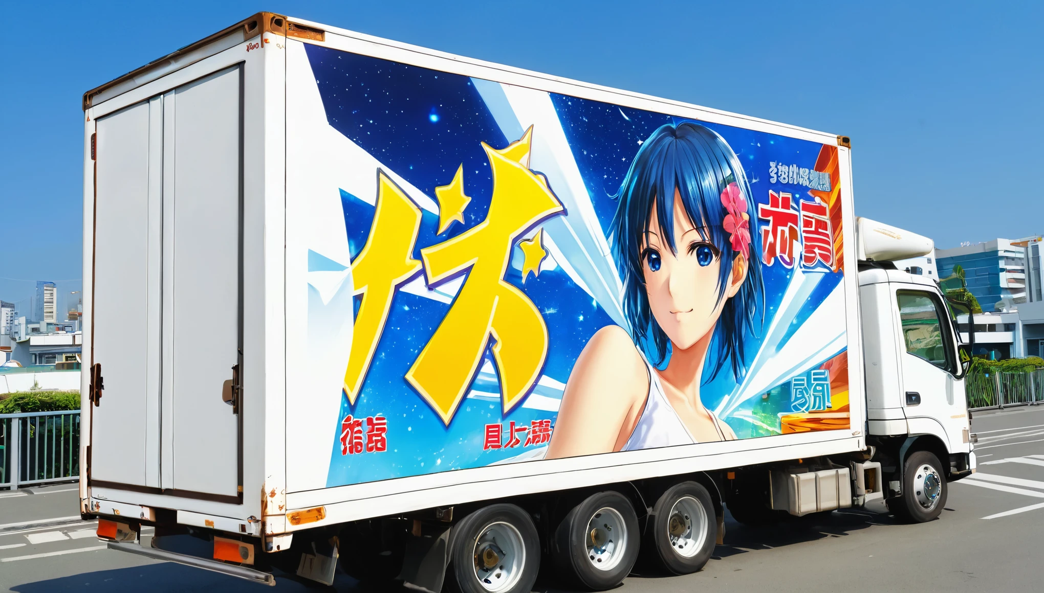 Realistic truck photos, (((A deformed anime girl illustration on the side of a large truck's box and"high income""phi.1""Ask"It says 'の'))), The truck was parked in a busy area、The lighting is beautifully done, Detailed Photos, フォトRealistic:1.2, Realistic, masterpiece:1.2.
