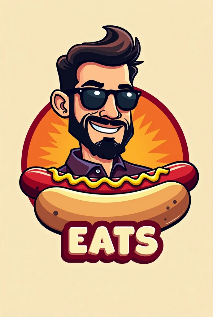 "Design a logo for 'Rocky Eats', a modern and vibrant food review channel. The logo should feature a stylized, cartoonish hot dog as the central element, with a playful yet bold vibe. The hot dog should have a warm, appetizing appearance, with details like mustard and steam rising to indicate freshness. Incorporate a caricature of Rocky, a man in his late 30s with a unique, stylish look—dark sunglasses, a curled mustache, long beard and a nose ring—to add personality to the logo. Use a color palette featuring red (#FF4500), mustard yellow (#FFD700), and brown (#8B4513), with a bold, rounded typography for the text 'Rocky Eats', ideally integrated into the design around or beneath the hot dog. The overall feel should be approachable, energetic, and reflective of a fun, engaging food exploration experience."