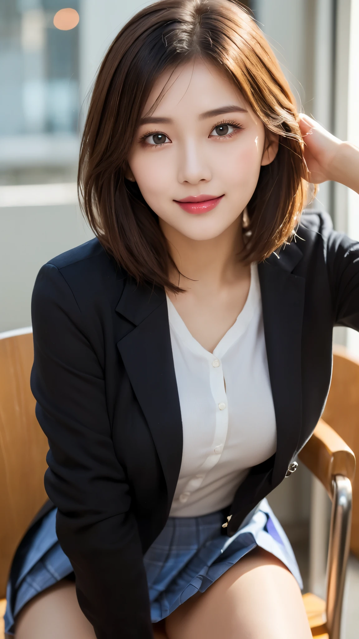 (masterpiece:1.3), (16k, photorealistic, RAW photo, best quality: 1.4),absurdres, attractive, ultra high resolution, ultra realistic, highly detailed, golden ratio, ultra detailed, super fucking beautiful detailed face, natural makeup, detailed cloth texture, detailed hair texture, beautiful detailed fullbody, Perfect female body, accurate, Anatomically correct, Highly detailed face and skin texture, (beautiful hands), (realistic skin), (beautiful pale skin:1.1), (Perfect dynamic composition, looking at viewer, full body shot), ((Straddling a chair, Flirtingly lifting her skirt to show her panties:1.3)), 
BREAK, 
realistic eyes, beautiful detailed eyes, symmetric eyes, Light Brown eyes, Double eyelids, Thin eyebrows, (Glossy lips:1.4), ((A face with waiting for a kiss, Seductive smile:1.2)), (weat skin, blush:1.1), 
BREAK, 
((short hair, bob, Dark blonde hair, bangs:1.2)), ((evening, school, school uniform, Jacket:1.3))