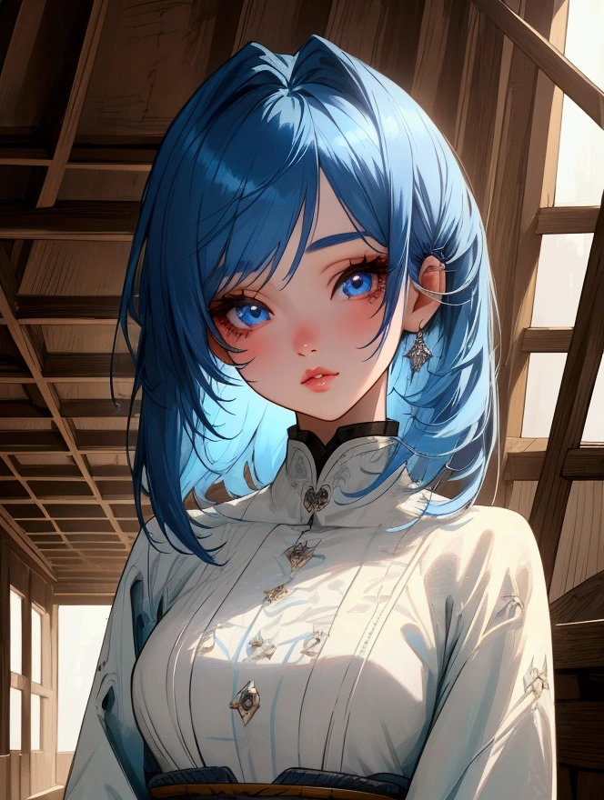 a beautiful detailed blue-haired girl,extremely detailed face,longeyelashes,beautiful detailed eyes,beautiful detailed lips,standing in an old attic,1girl,anime style,nostalgic,high quality,4k,masterpiece,detailed description