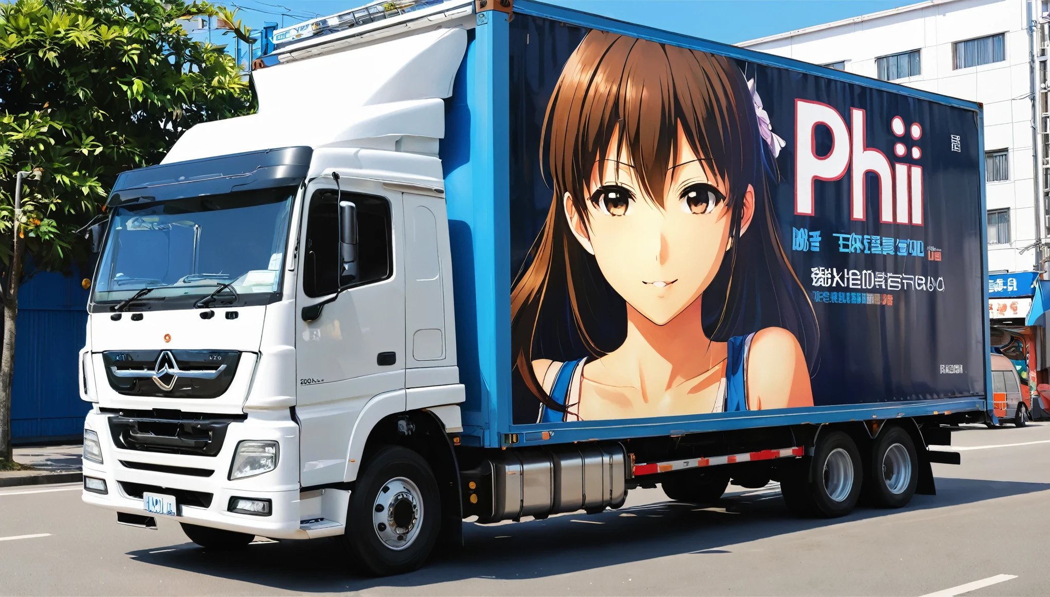 Realistic truck photos, (((A deformed anime girl illustration on the side of a large truck's box and"high income""phi.1""Ask"It says 'の'))), The truck was parked in a busy area、The lighting is beautifully done, Detailed Photos, フォトRealistic:1.2, Realistic, masterpiece:1.2.