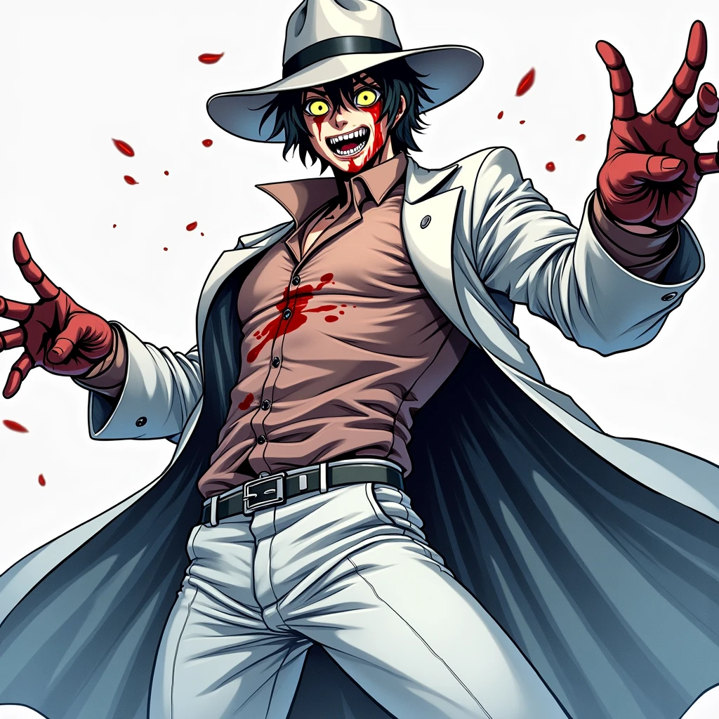 ((illustration)), (best quality)), ((masterpiece)), (detailed), 1male, black hair, suit, fedora, solo, 1boy, smiling, crazy look, shirt: 2, anime, horror, yellow eyes, teenager, monster, dark background, glowing eyes, bloody face, 