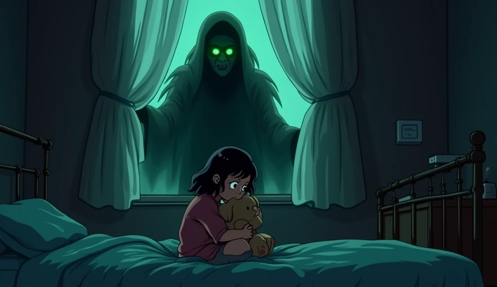 Sunaina sitting on her bed in the dead of night, clutching Kittu tightly while outside her window, the silhouette of the old woman can be seen, her eyes glowing eerily green.