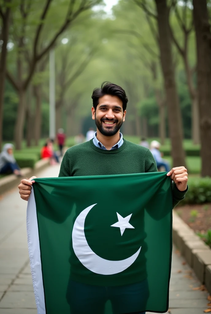 The image is a portrait of a saad rizvi holding Pakistani flag in his arms. The man is wearing a green sweater with a white crescent moon and star on it. He has a smile expression on his face and is looking directly at the camera. The background is a forest with tall trees and a path winding through it. There are a few people sitting on the garden in the distance. The overall mood of the image is peaceful and serene.