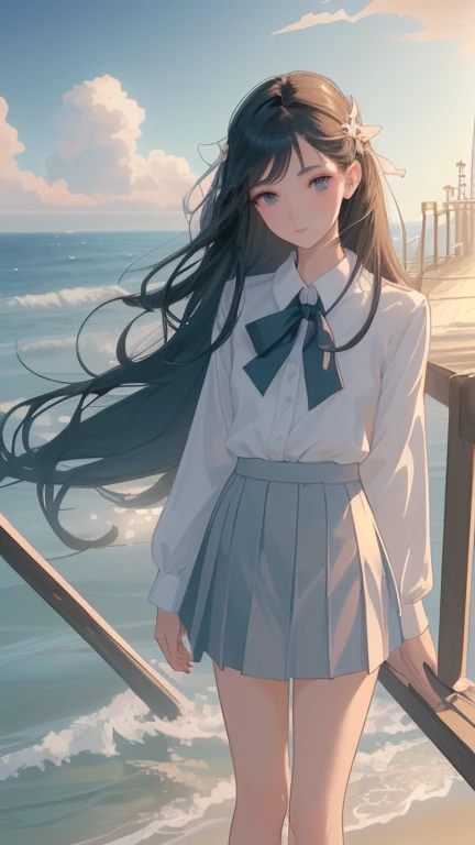 masterpiece,((Clear lines)), Limited edition palette,Highest quality, Flat Color, Low contrast, ((One girl)),(((Very delicate and beautiful))),(Beautifully detailed face),(Beautiful attention to detail),{Long Hair},hair ornaments,((Middle chest)),Long black hair,Hair Ribbon,school uniform , Are standing,((View your viewers:1.6)), View from below,Beautifully detailed skies,Bright sky,Cloudy,sunlight, (Detailed Light),Lighting,colorful,Ocean,Beach, bridge,The way to school,Skyscraper, autumn, mist