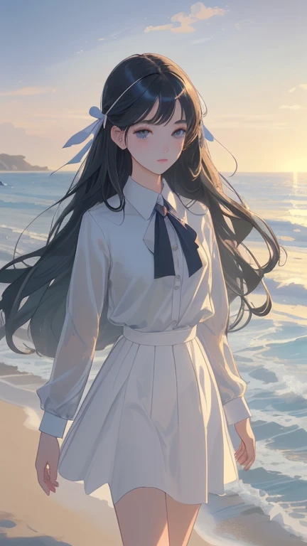 masterpiece,((Clear lines)), Limited edition palette,Highest quality, Flat Color, Low contrast, ((One girl)),(((Very delicate and beautiful))),(Beautifully detailed face),(Beautiful attention to detail),{Long Hair},hair ornaments,((Middle chest)),Long black hair,Hair Ribbon,school uniform , Are standing,((View your viewers:1.6)), View from below,Beautifully detailed skies,Bright sky,Cloudy,sunlight, (Detailed Light),Lighting,colorful,Ocean,Beach, bridge,The way to school,Skyscraper, autumn, mist