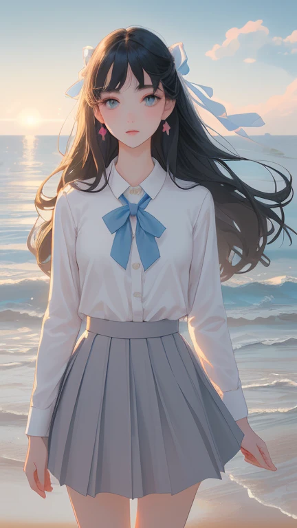 masterpiece,((Clear lines)),  Limited edition palette,Highest quality, Flat Color, Low contrast, ((One girl)),(((Very delicate and beautiful))),(Beautifully detailed face),(Beautiful attention to detail),{Long Hair},hair ornaments,((Middle chest)),Long black hair,Hair Ribbon,school uniform , Are standing,((View your viewers:1.6)), View from below,Beautifully detailed skies,Bright sky,Cloudy,sunlight, (Detailed Light),Lighting,colorful,Ocean,Beach, bridge,The way to school,Skyscraper, autumn, mist