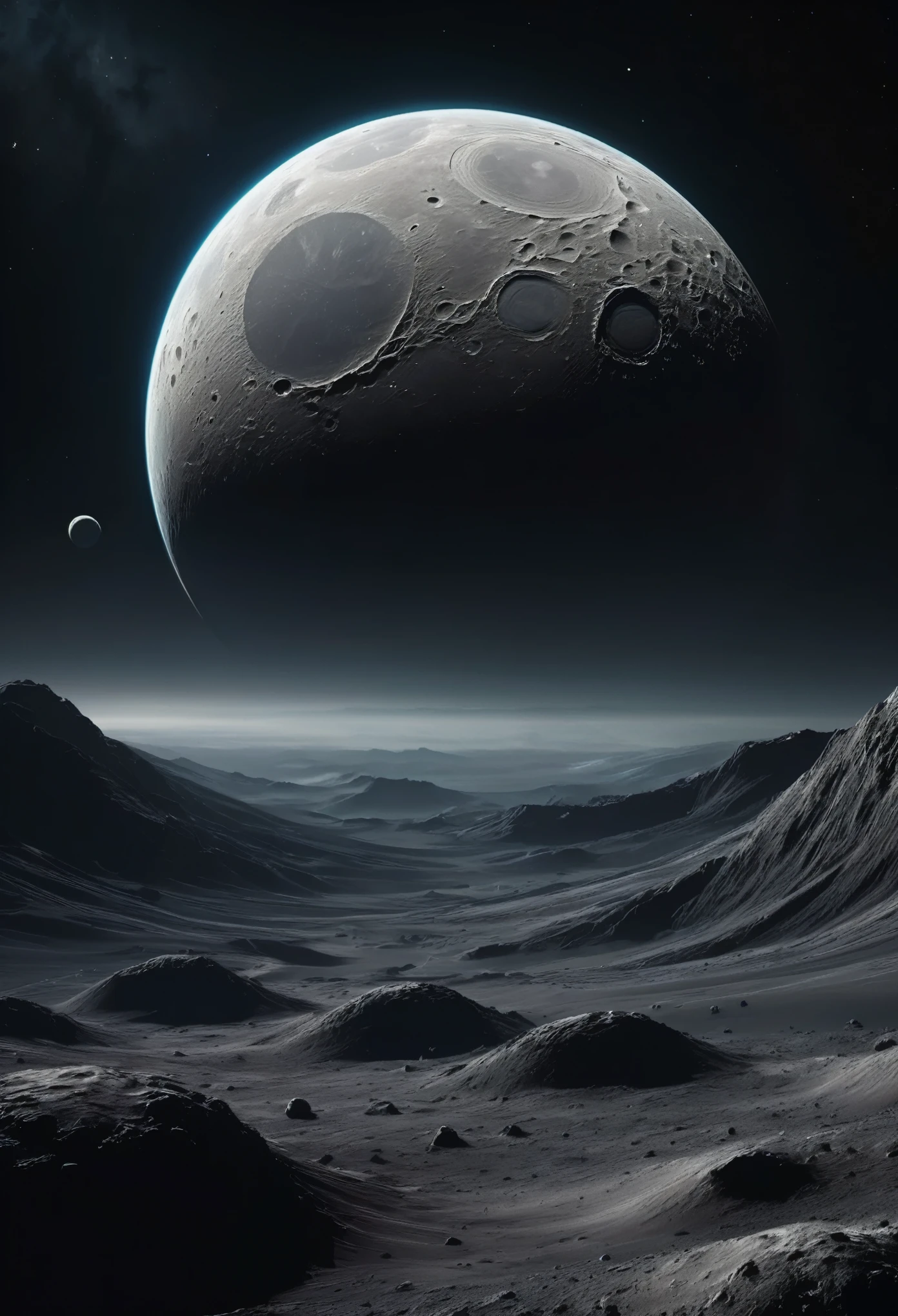 create a vision of a perfect planet with an uneven surface with deep craters on the surface, sky with night space and dense atmosphere gray color, surreal image, There is the planet Saturn with its beautiful rings seen from the surface in the sky through the dense atmosphere, dark stormy atmosphere, the planet is immense and is setting on the horizon, cyberpunk style at night in the distance, has a wide, space is dark and you can only see the silhouette of one side of the planet through the dense atmosphere, Total dark, dark horizon, penumbra, as realistic as possible, dark environment without light without sun, starry sky.
View of the lunar horizon surface from space, The dense atmosphere at night with many stars, There is a space station on the surface of the moon