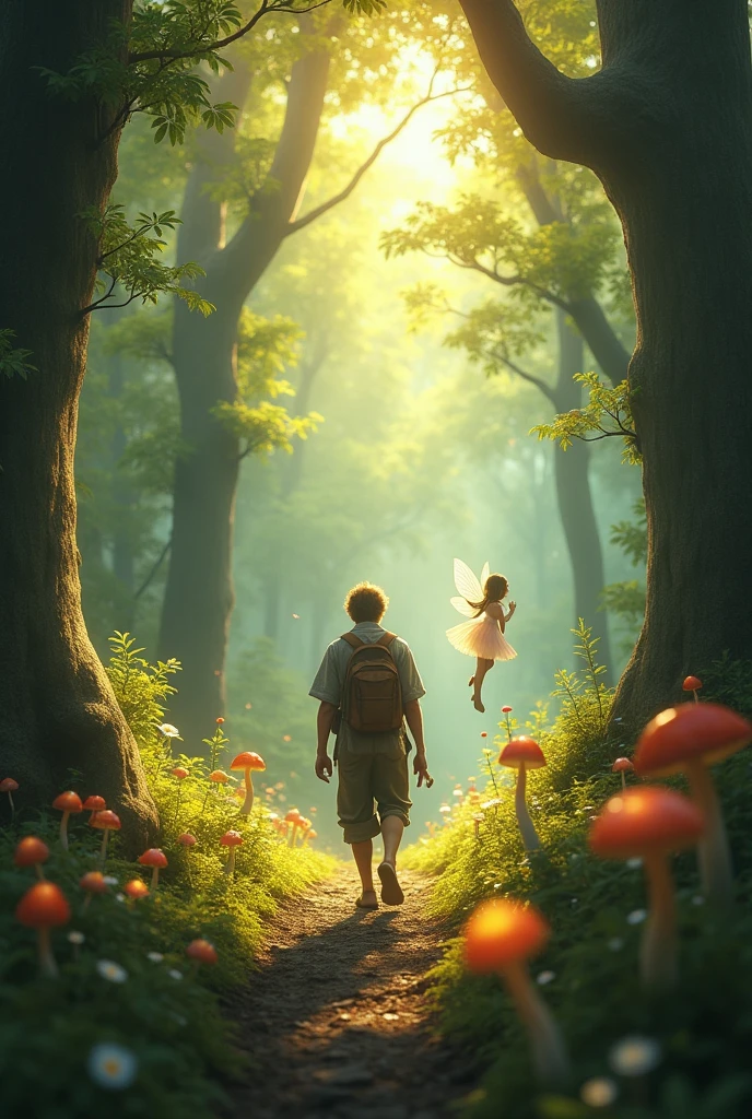 The traveler walk with fairy in the forest