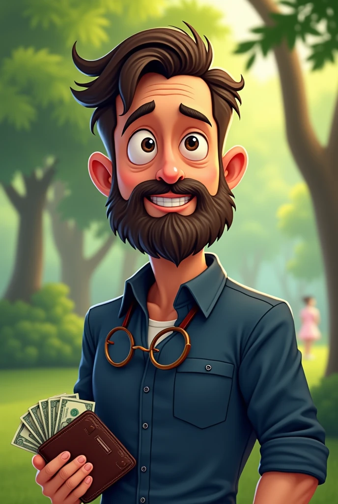 Hair: Short, dark brown, with a slight wave on top of the head. Beard: Full and full, the same color as the hair, covering the entire chin and cheek area. Eyes: Large and round, with thick, arched eyebrows. Facial expression: Neutral, with a straight mouth. Clothing: He wears a dark blue shirt, with the sleeves rolled up to the elbows. He also appears to be wearing glasses hanging down, with a wallet in his hand, full of money, in the park (4k full HD, best quality, hyper-detailed, high resolution. cartoon style, simplified and caricatured).